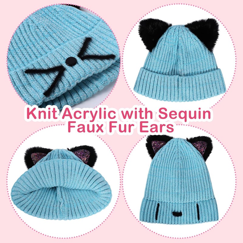 ACTLATI Kids Girls Sequin Cat Ears Hats Winter Knitted Beanie Hat for Outdoor Snow Ski Skull Cap Ages 7-12 - Image 5